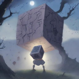 An anime-style scene depicting a character breaking a cursed cube