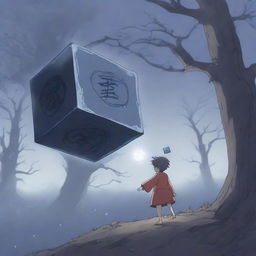 An anime-style scene depicting a character breaking a cursed cube