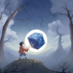 An anime-style scene depicting a character breaking a cursed cube