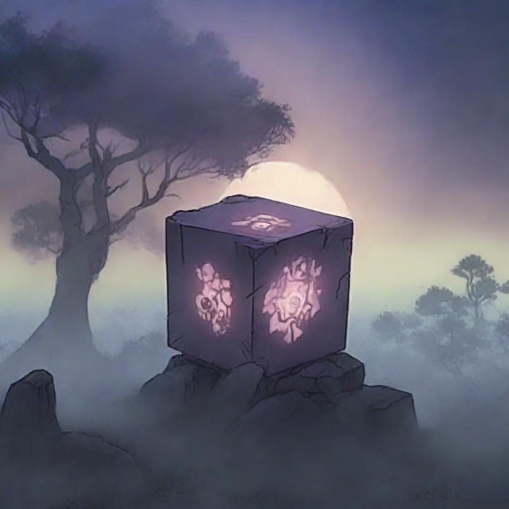 An anime-style scene showing a destroyed cursed cube