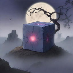 An anime-style scene showing a destroyed cursed cube