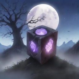 An anime-style scene showing a destroyed cursed cube