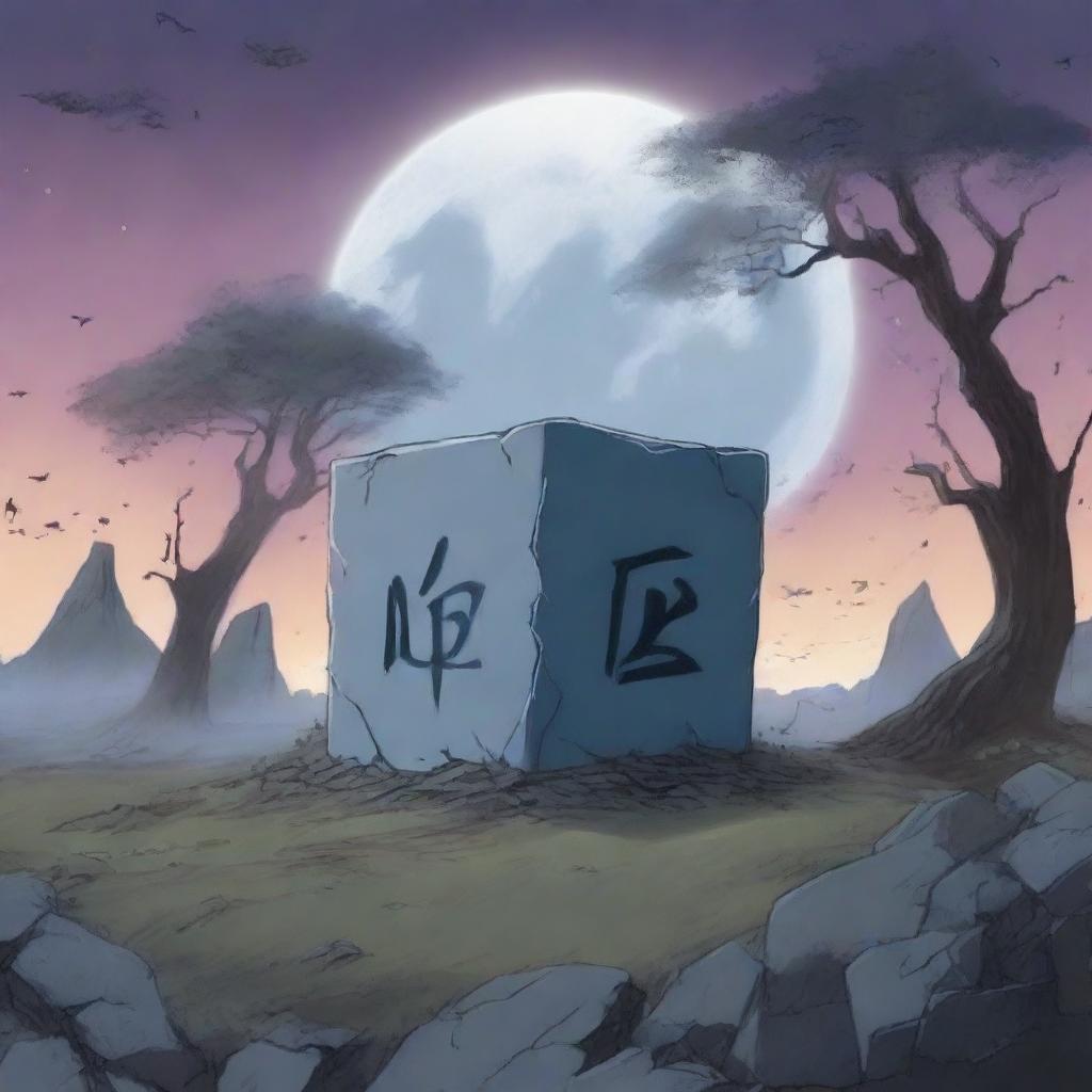 An anime-style scene depicting a destroyed cursed cube