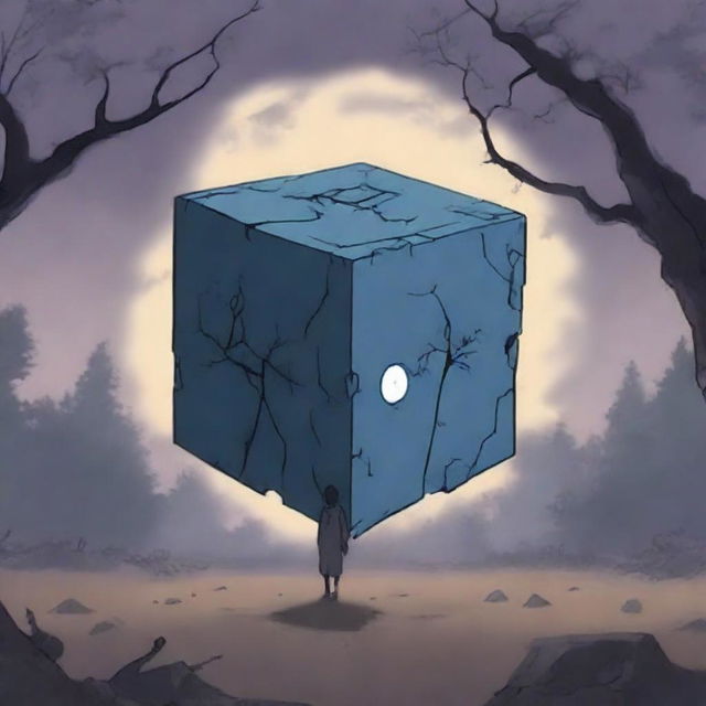 An anime-style scene depicting a destroyed cursed cube