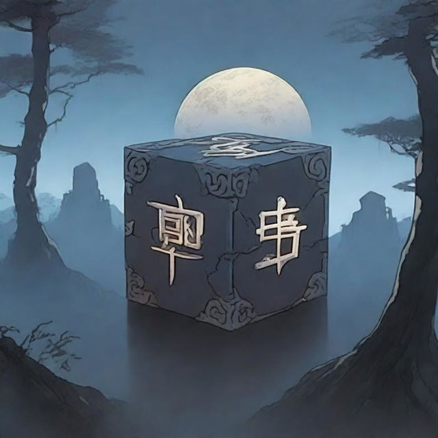 An anime-style cracked cursed cube with dark, intricate runes etched into its surface