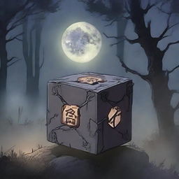 An anime-style cracked cursed cube with dark, intricate runes etched into its surface