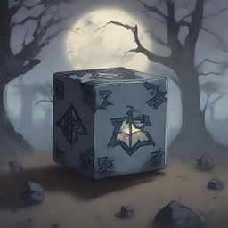 An anime-style cracked cursed cube with dark, intricate runes etched into its surface