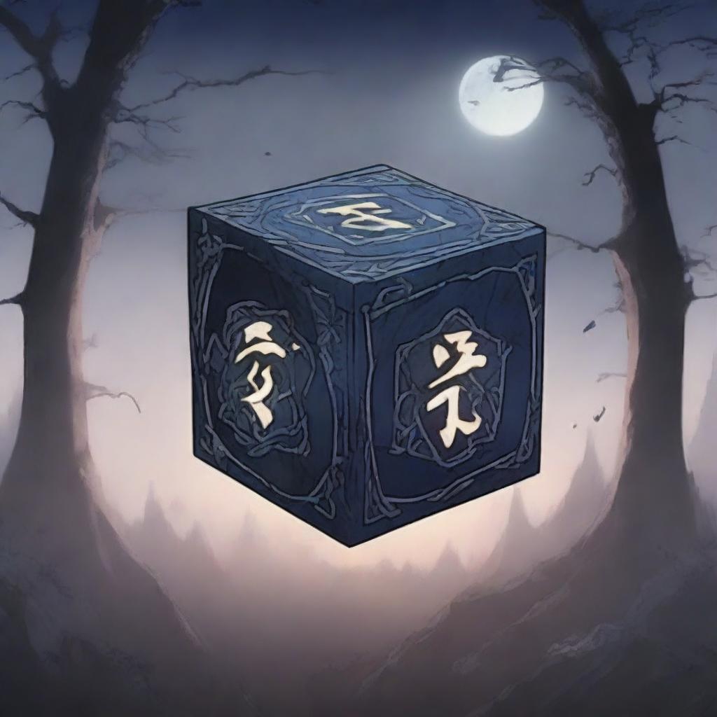 An anime-style broken cursed cube with dark, intricate runes etched into its surface