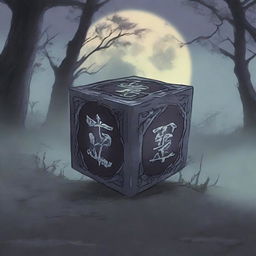 An anime-style broken cursed cube with dark, intricate runes etched into its surface