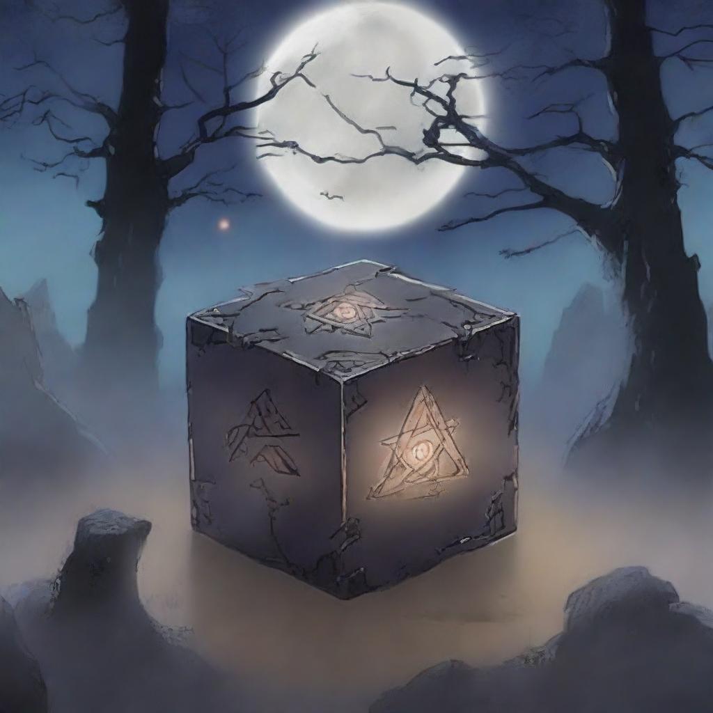 An anime-style broken cursed cube with dark, intricate runes etched into its surface