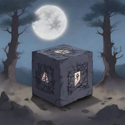 An anime-style broken cursed cube with dark, intricate runes etched into its surface