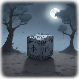 An anime-style broken cursed cube with dark, intricate runes etched into its surface