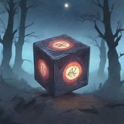 An anime-style broken cursed cube with dark, intricate runes etched into its surface