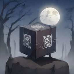 An anime-style broken cursed cube with dark, intricate runes etched into its surface