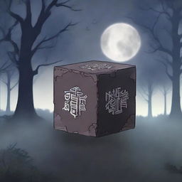 An anime-style broken cursed cube with dark, intricate runes etched into its surface