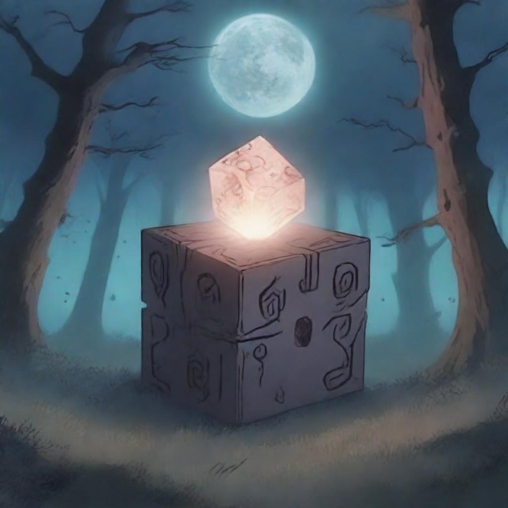 An anime-style cursed cube that has been broken into pieces