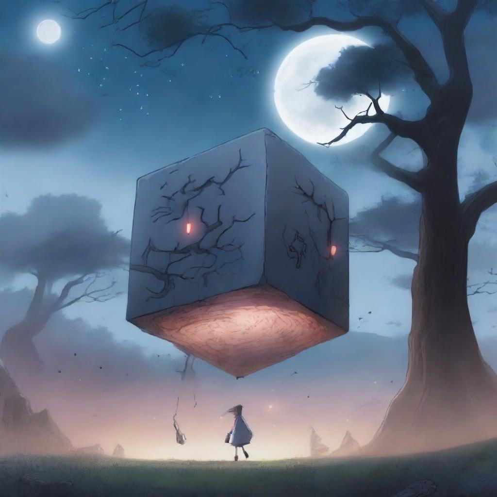 An anime-style scene where a cursed cube has been released