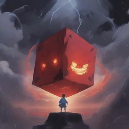 An anime-style scene where a cursed cube has released a powerful demon