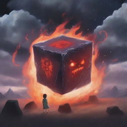 An anime-style scene where a cursed cube has released a powerful demon