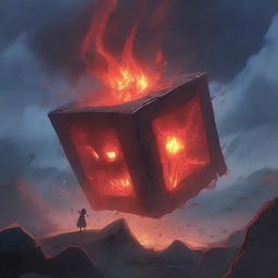 An anime-style scene where a cursed cube has released a powerful demon