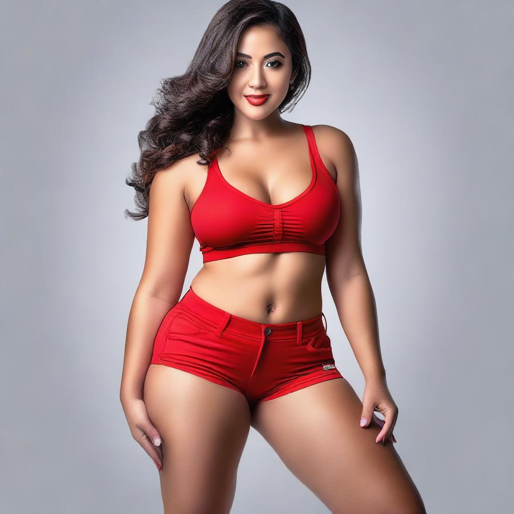 A beautiful woman with an attractive figure, wearing red shorts