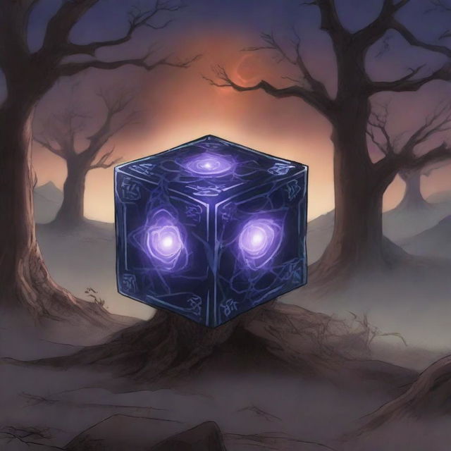 An anime scene where a cursed cube possesses the hero