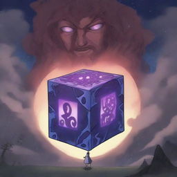 An anime-style scene where a cursed cube possesses the hero