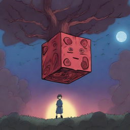 An anime-style scene where a cursed cube possesses the hero