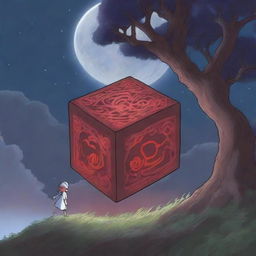 An anime-style scene where a cursed cube possesses the hero