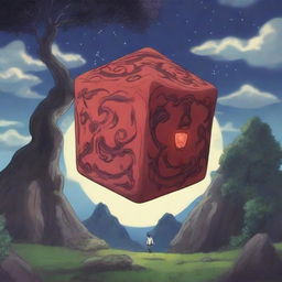 An anime-style scene where a cursed cube possesses the hero