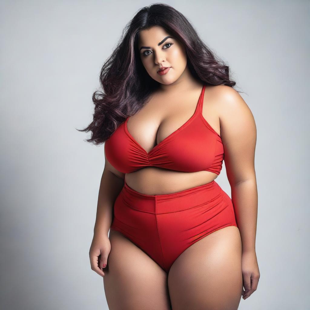 A voluptuous woman with huge breasts and thick thighs wearing red shorts