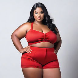 A voluptuous woman with huge breasts and thick thighs wearing red shorts