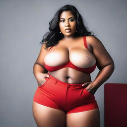 A voluptuous woman with huge breasts and thick thighs wearing red shorts