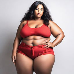 A voluptuous woman with huge breasts and thick thighs wearing red shorts