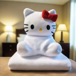 A luxury hotel room where towels are folded cleverly to shape an amazing Hello Kitty figure entirely made by folding a towel