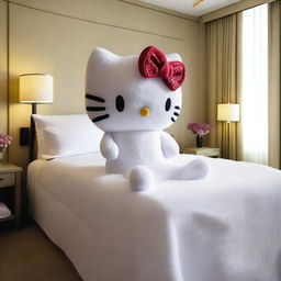 A luxury hotel room where towels are folded cleverly to shape an amazing Hello Kitty figure entirely made by folding a towel