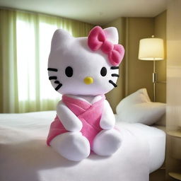 A luxury hotel room where towels are folded cleverly to shape an amazing Hello Kitty figure entirely made by folding a towel