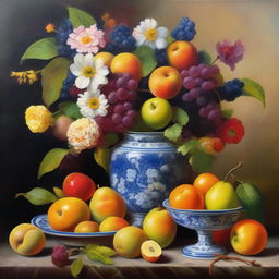 A still life painting featuring a beautifully arranged assortment of fruits, flowers, and a vintage vase, rendered in the style of Miodrag Rogić