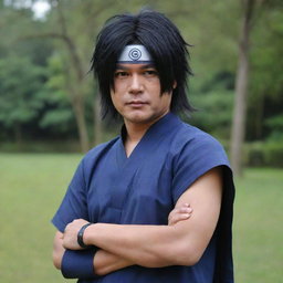 Prabowo Subianto, an Indonesian politician, cosplaying as Sasuke Uchiha from the Naruto series, with his hair styled like Sasuke's and wearing a detailed ninja outfit.