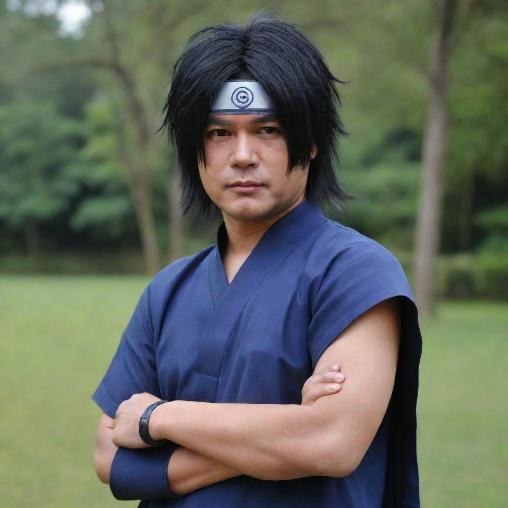Prabowo Subianto, an Indonesian politician, cosplaying as Sasuke Uchiha from the Naruto series, with his hair styled like Sasuke's and wearing a detailed ninja outfit.
