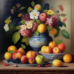 A still life painting featuring a beautifully arranged assortment of fruits, flowers, and a vintage vase, rendered in the style of Miodrag Rogić