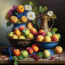 A still life painting featuring a beautifully arranged assortment of fruits, flowers, and a vintage vase, rendered in the style of Miodrag Rogić