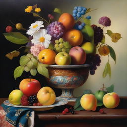 A still life painting featuring a beautifully arranged assortment of fruits, flowers, and a vintage vase, rendered in the style of Miodrag Rogić