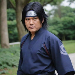 Prabowo Subianto, an Indonesian politician, cosplaying as Sasuke Uchiha from the Naruto series, with his hair styled like Sasuke's and wearing a detailed ninja outfit.
