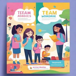 Create a vibrant and colorful cover page for a school magazine with the theme 'Teamwork'