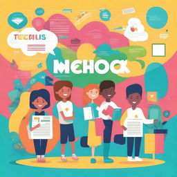 Create a vibrant and colorful cover page for a school magazine with the theme 'Teamwork'