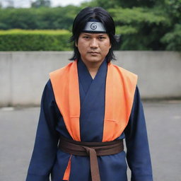 Prabowo Subianto, an Indonesian politician, cosplaying as Sasuke Uchiha from the Naruto series, with his hair styled like Sasuke's and wearing a detailed ninja outfit.
