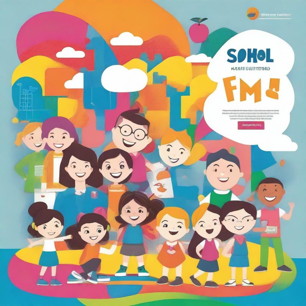 Design a colorful and vibrant cover page for a school magazine with the theme 'Teamwork'