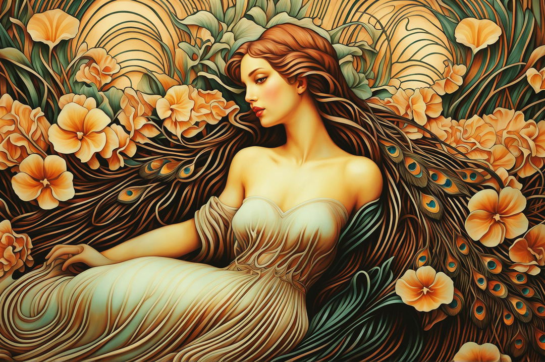 Design a fine art-inspired Art Nouveau desktop screensaver with intricate, flowing lines, realistic human figures or animals, and a harmonious color palette