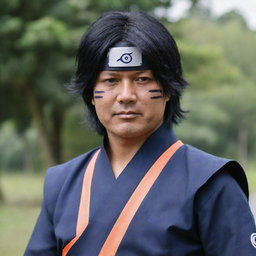 Prabowo Subianto, an Indonesian politician, cosplaying as Sasuke Uchiha from the Naruto series, with his hair styled like Sasuke's and wearing a detailed ninja outfit.